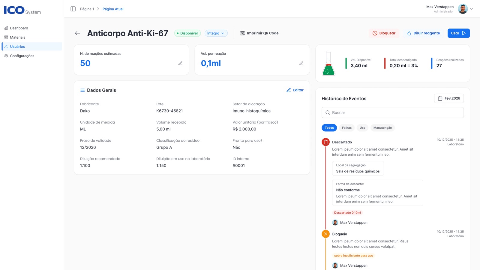 Tela de detalhe de um reagente no ICO System, com volume, desperdício e histórico